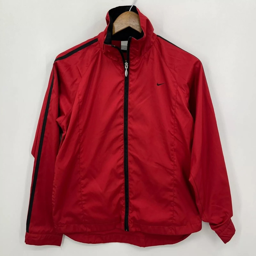 Nike Windbreaker Jacket Women's‎ M Red Full Zip Vtg Y2K Mock Neck Lined Retro